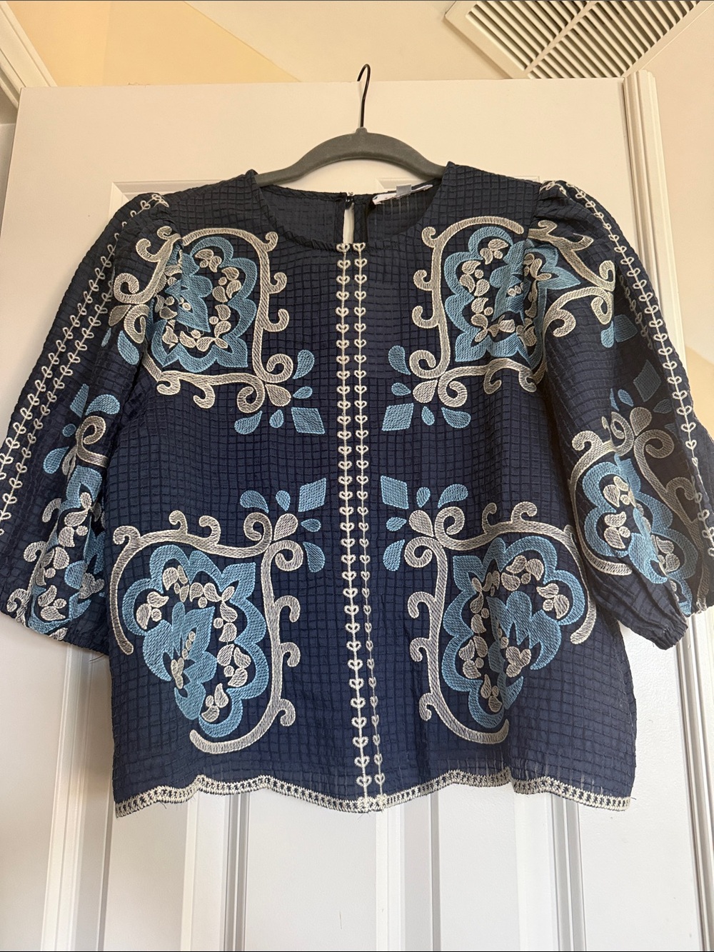 THML Navy Blue Embroidered Puff-Sleeve Blouse